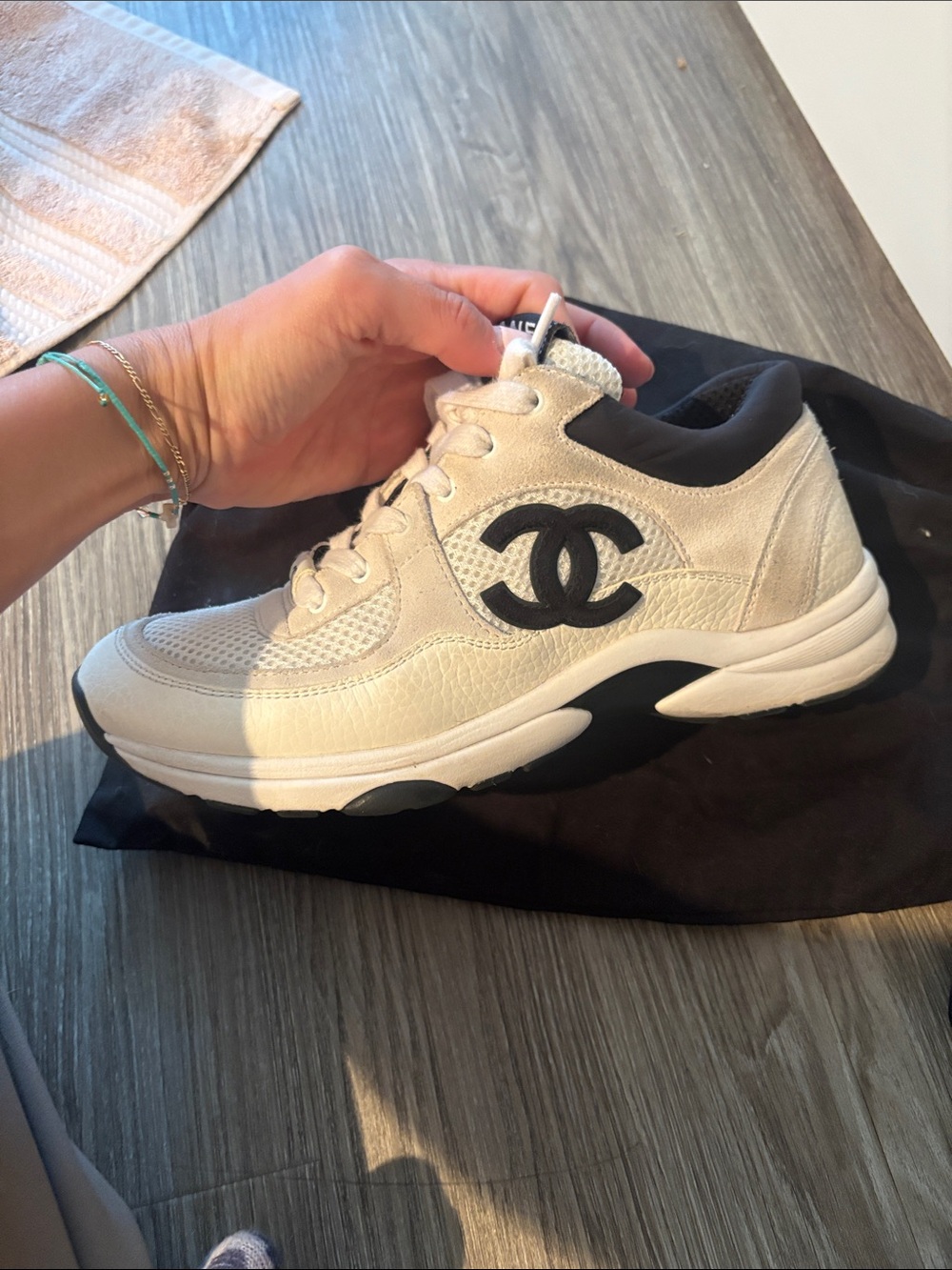 CHANEL Cream and Black CC Logo Low-Top Sneakers